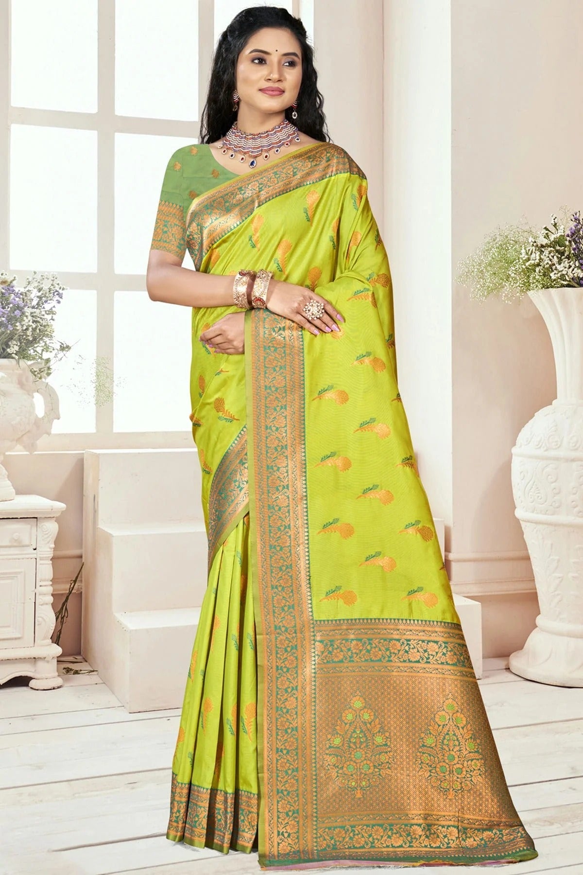 Lime Green Colour Silk Woven Work Traditional Saree SD1103071