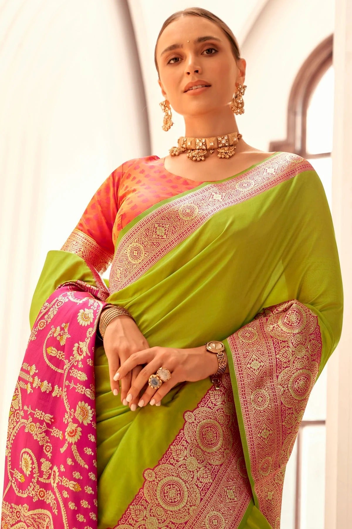 Lime Green Colour Soft Silk Woven Work Saree SD1290072 A