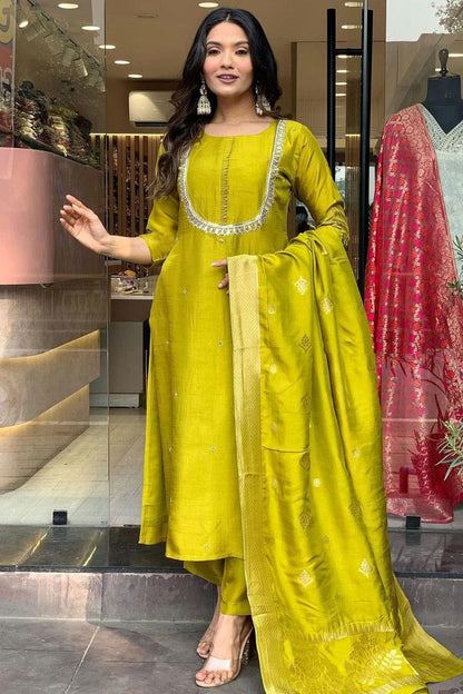 Lime Green Colour Viscose Chanderi Stitched Salwar Suit SS1111555 A