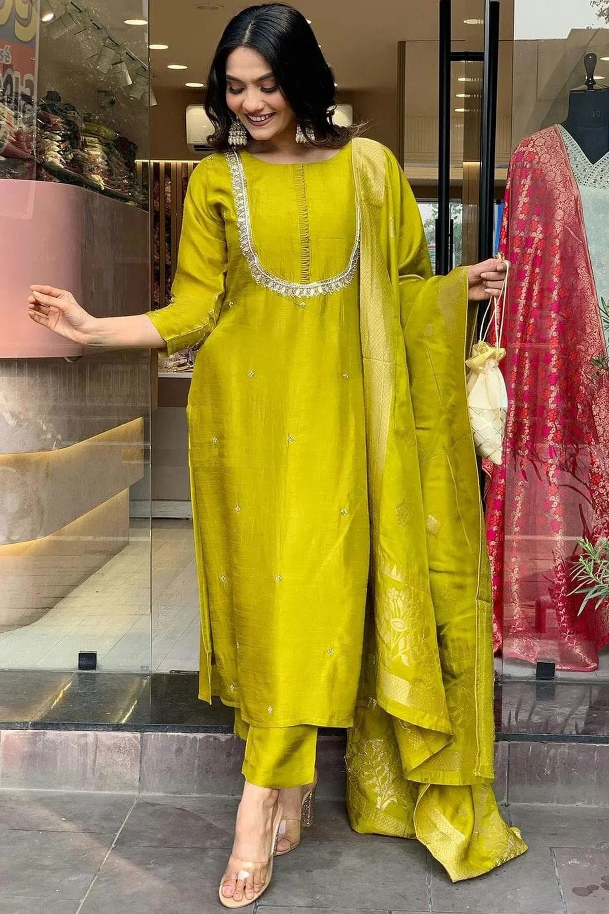 Lime Green Colour Viscose Chanderi Stitched Salwar Suit SS1111555