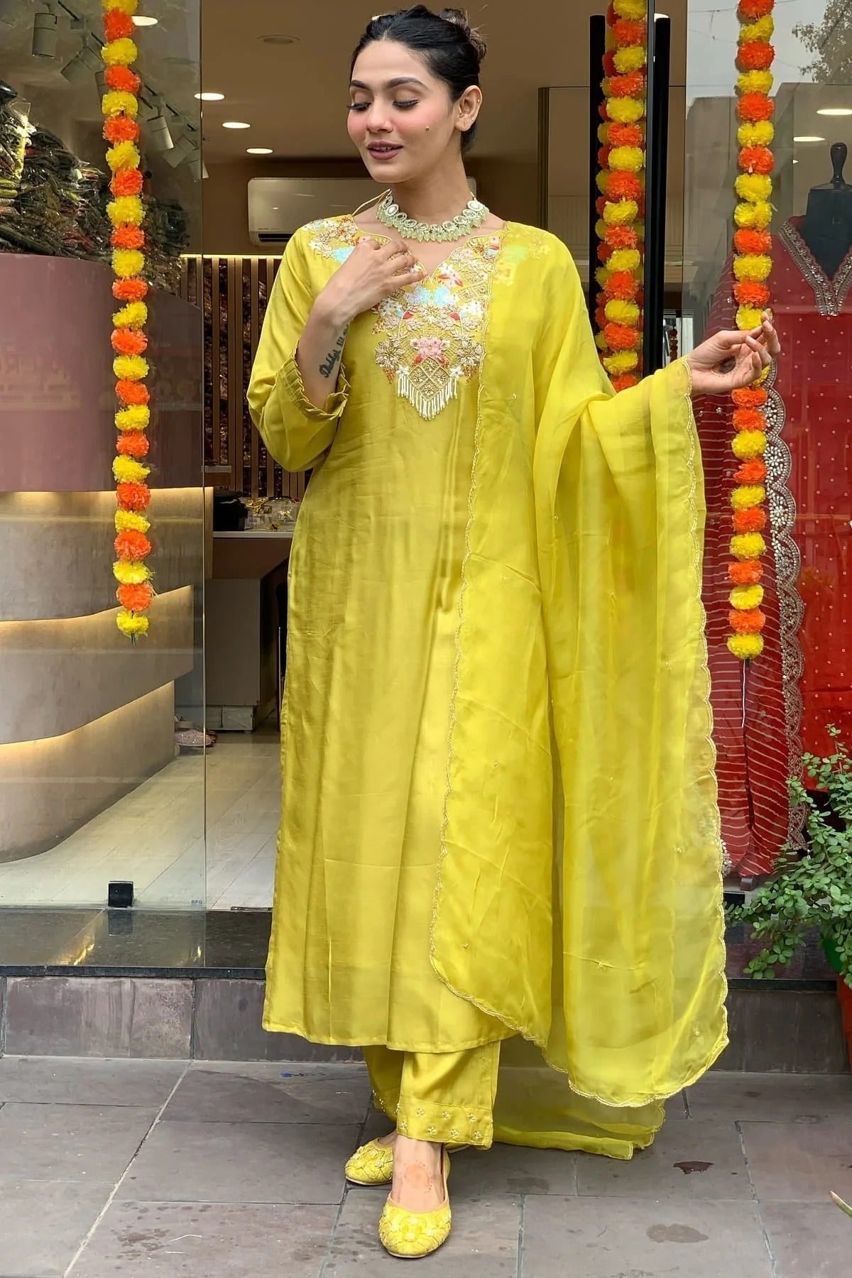 Lime Yellow Colour Embroidery Chanderi Silk Stitched Suit SS1112475 A