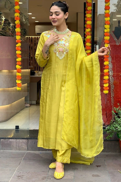 Lime Yellow Colour Embroidery Chanderi Silk Stitched Suit SS1112475 A