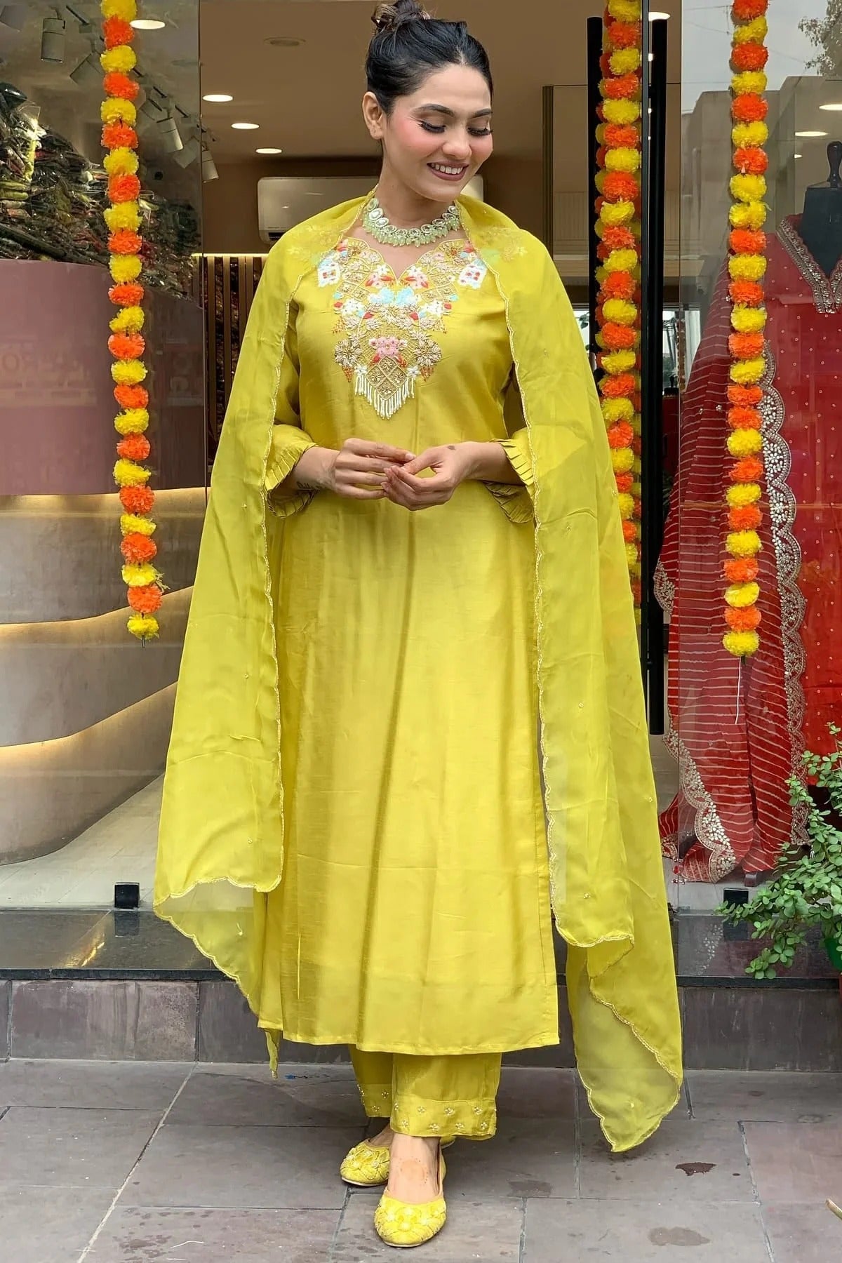 Lime Yellow Colour Embroidery Chanderi Silk Stitched Suit SS1112475