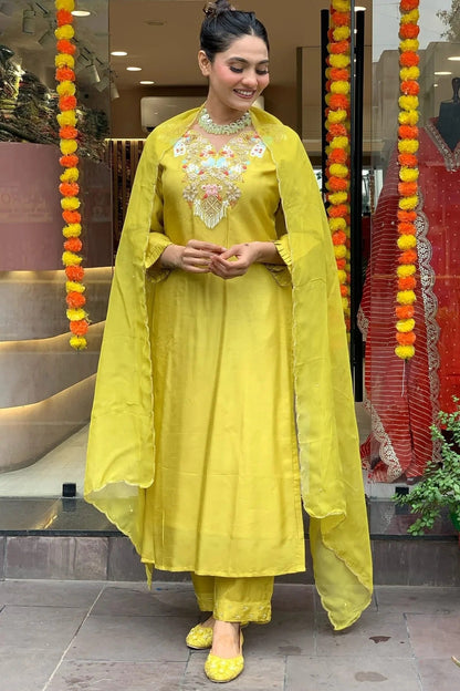Lime Yellow Colour Embroidery Chanderi Silk Stitched Suit SS1112475