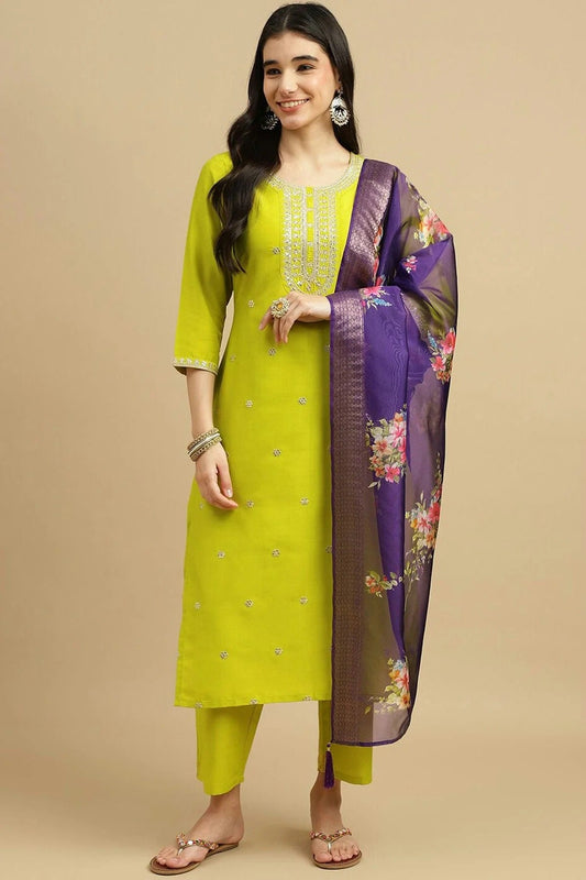 Lime Yellow Colour Embroidery Chinon Stitched Suit SS1112479