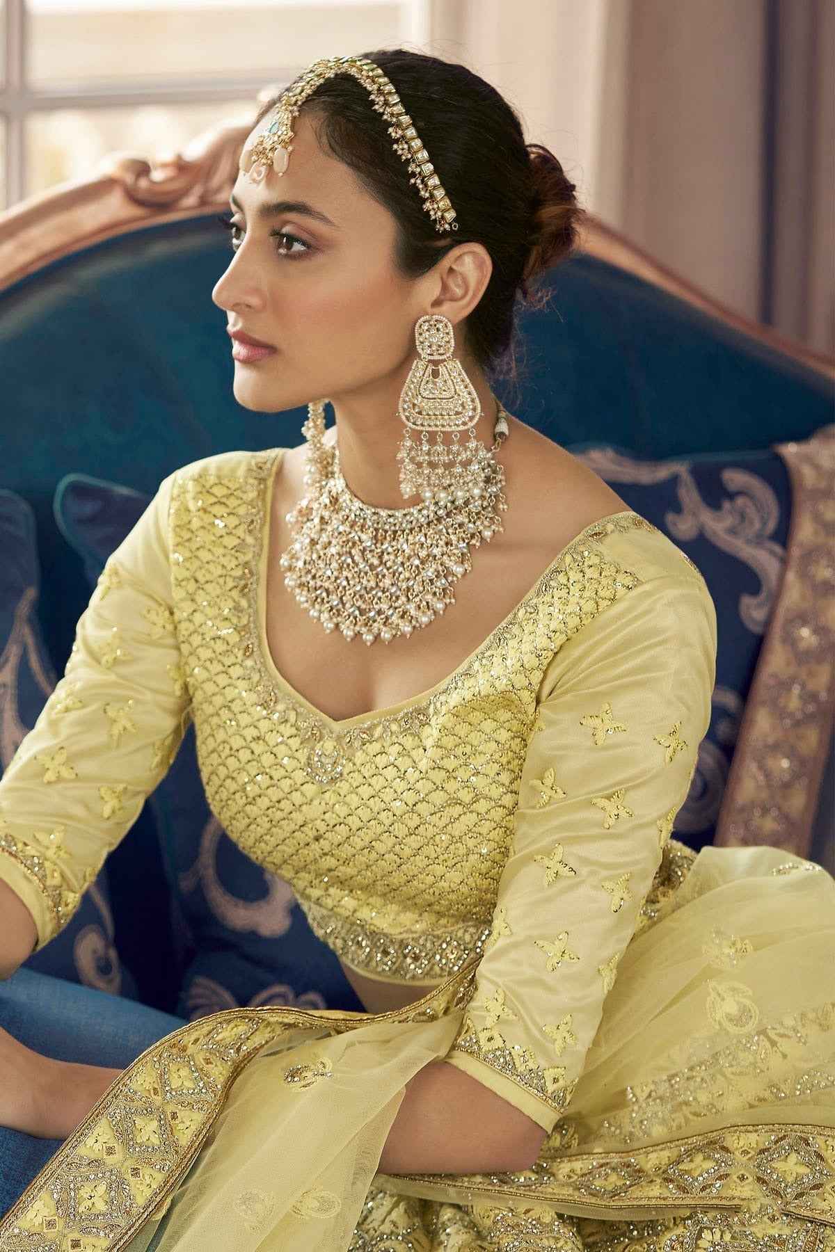 Lime Yellow Colour Embroidery Crepe Lehenga Choli LD1080789 A