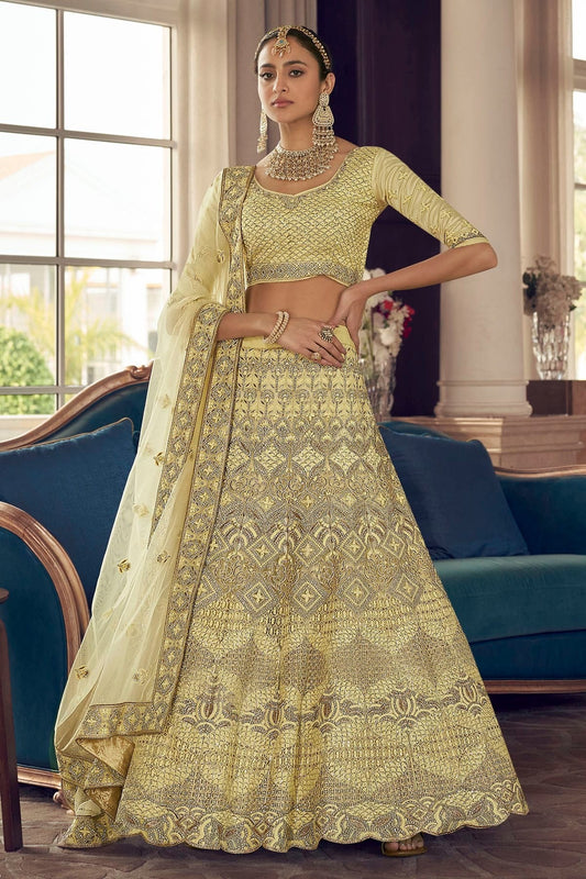 Lime Yellow Colour Embroidery Crepe Lehenga Choli LD1080789