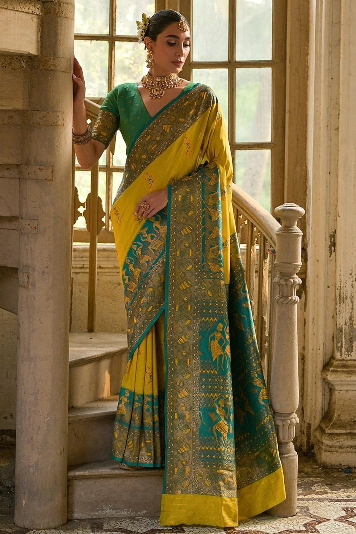 Lime Yellow Colour Woven Work Banarasi Silk Saree SD1260010