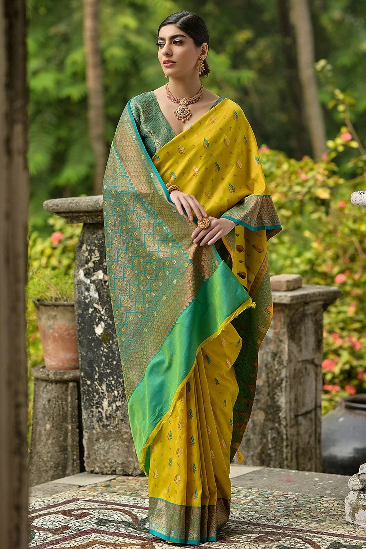 Lime Yellow Colour Woven Work Banarasi Silk Saree SD1260016 A