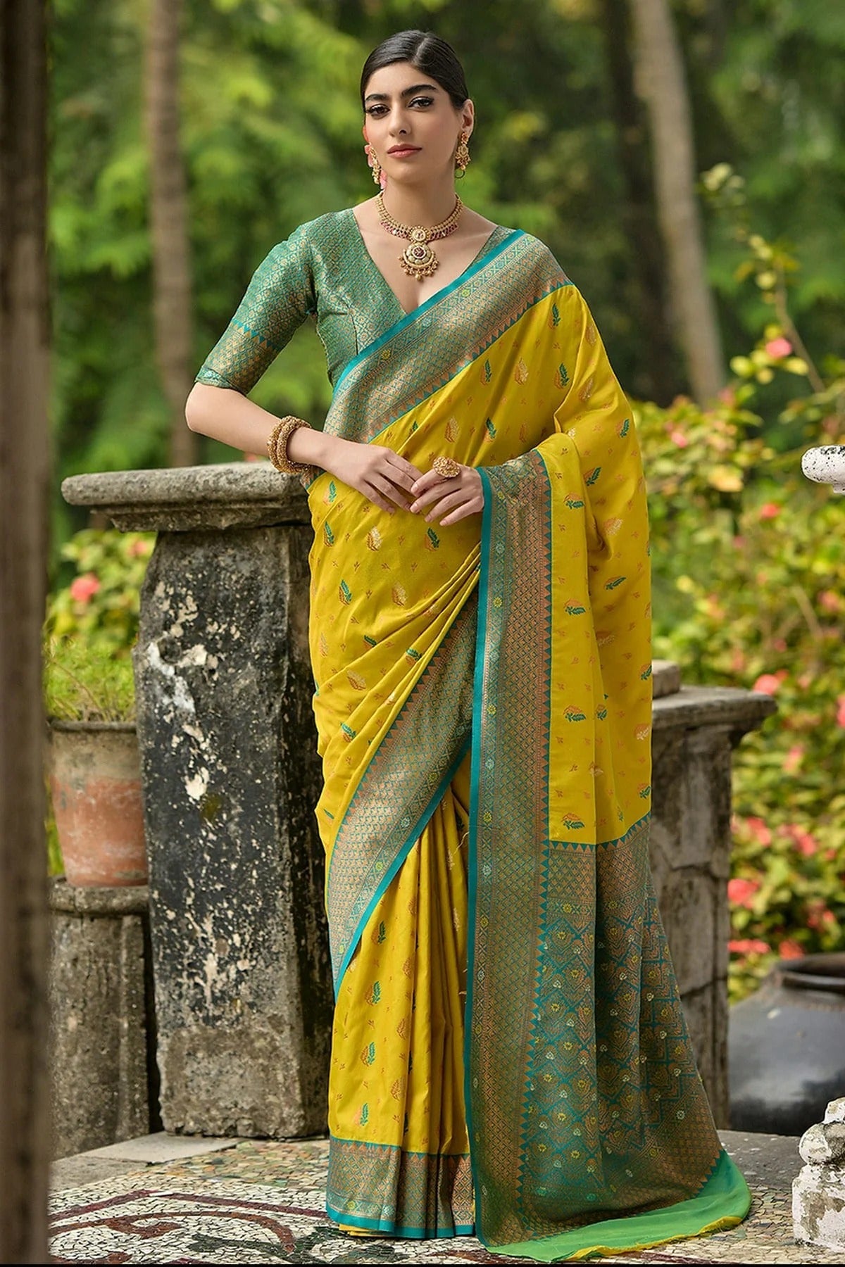 Lime Yellow Colour Woven Work Banarasi Silk Saree SD1260016