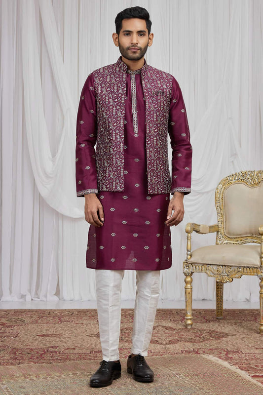 Magenta Colour Art Silk Embroidery Work 3 Pcs  Kurta Jacket Set KP1230607