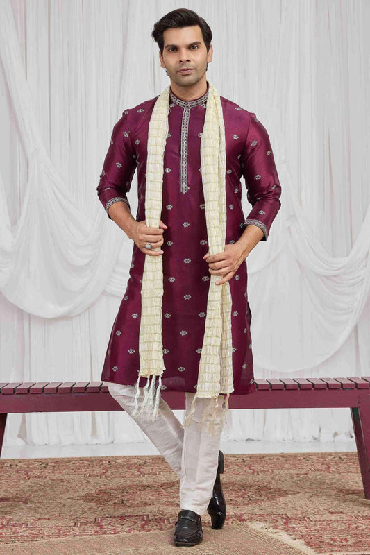Magenta Colour Art Silk Embroidery Work Kurta Pajama With Dupatta
