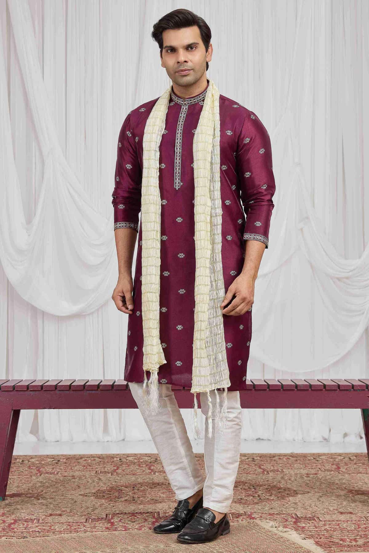 Magenta Colour Art Silk Embroidery Work Kurta Pajama With Dupatta
