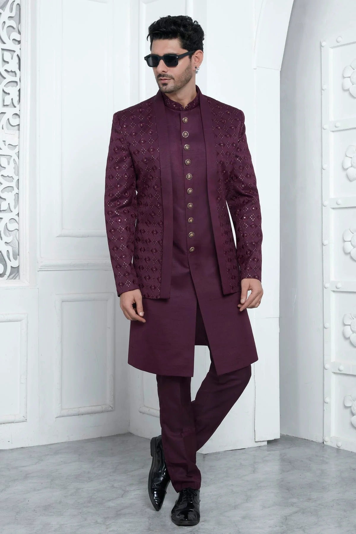 Magenta Colour Art Silk Indowestern Sherwani With Aligadhi Pant SH1230021 A