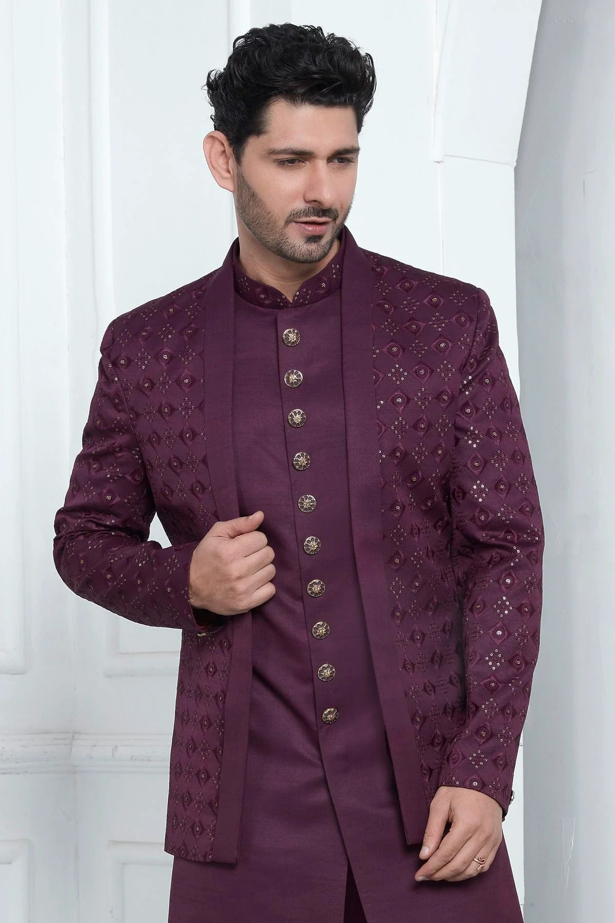 Magenta Colour Art Silk Indowestern Sherwani With Aligadhi Pant SH1230021 B