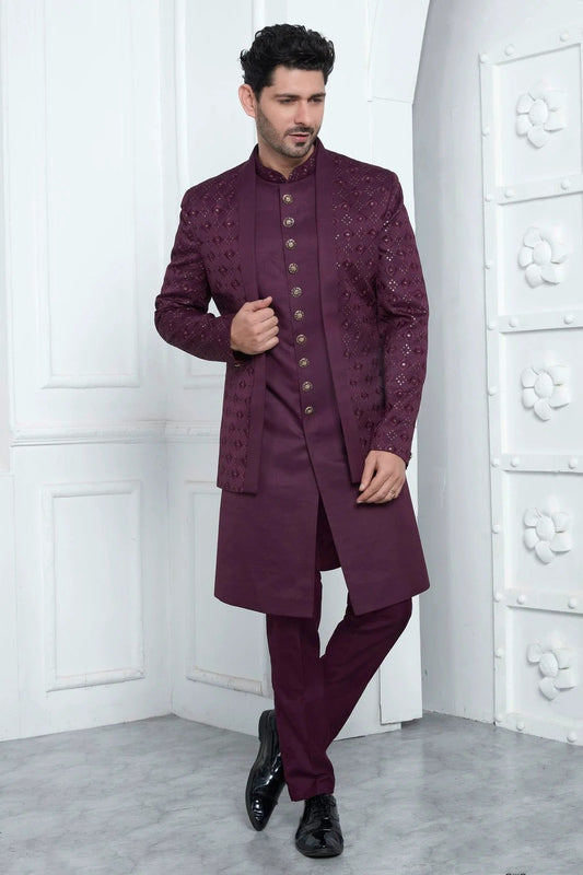 Magenta Colour Art Silk Indowestern Sherwani With Aligadhi Pant SH1230021