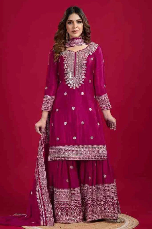 Magenta Colour Chinon Silk Stitched Sharara Suit SS1140773