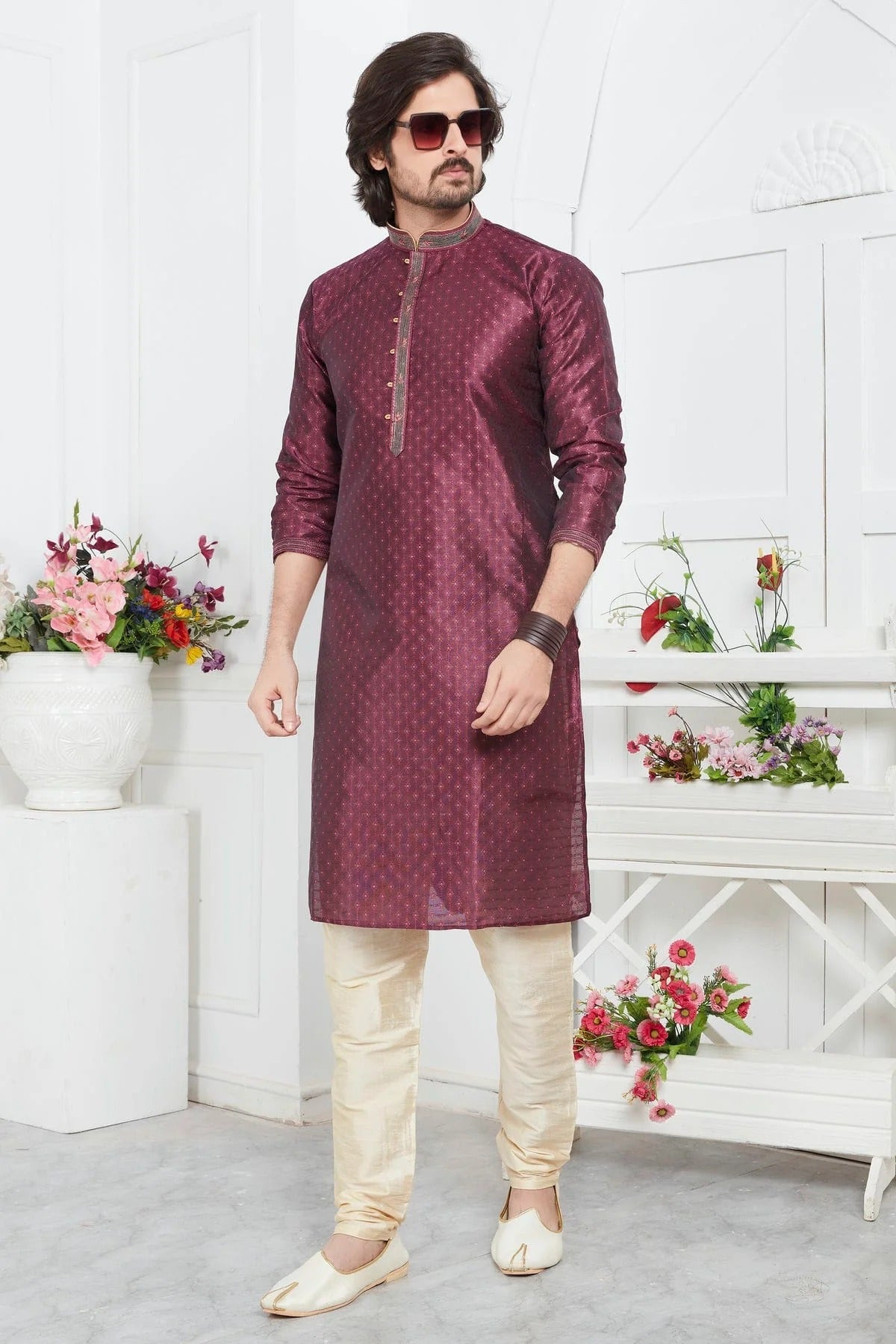 Magenta Colour Jacquard Silk Brocade Kurta Pajama KP1230217 A
