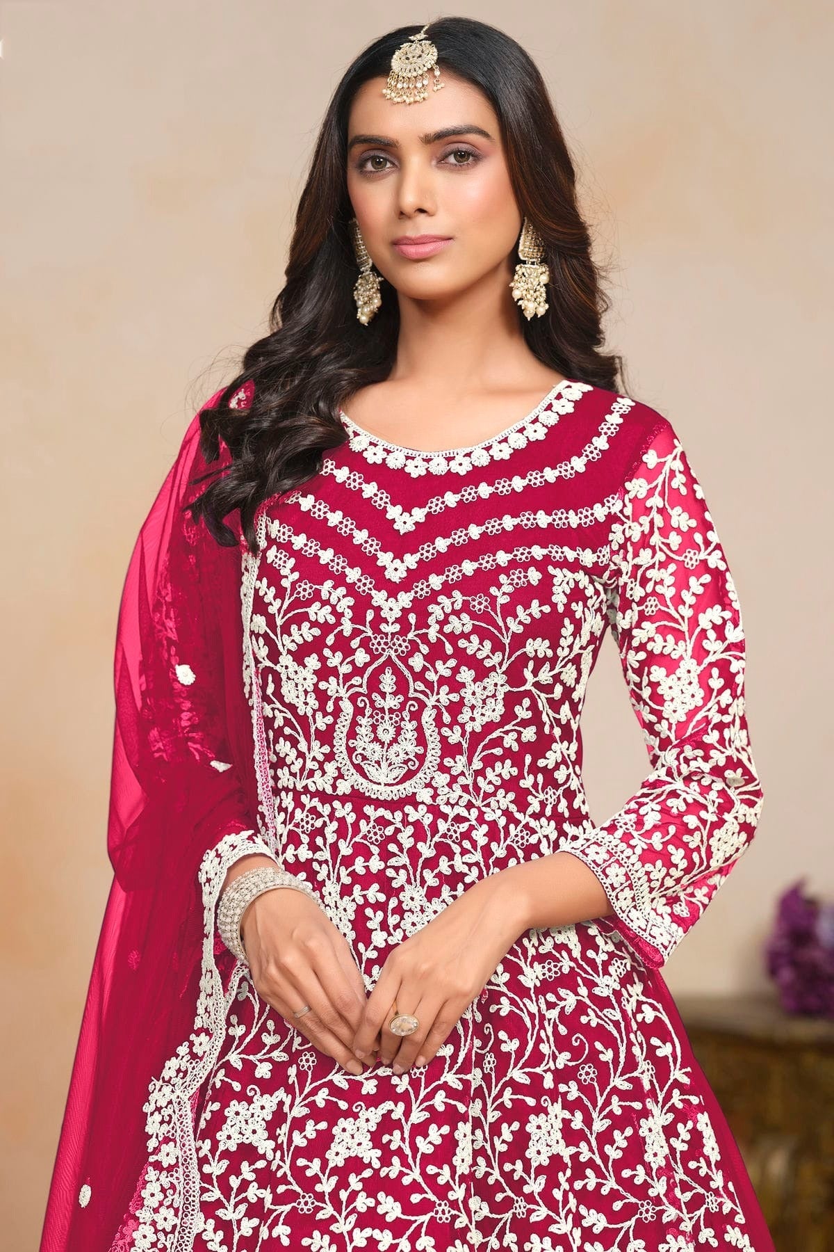 Magenta Colour Net Semi Stitched Anarkali Suit SM1050608 B
