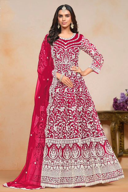 Magenta Colour Net Semi Stitched Anarkali Suit SM1050608