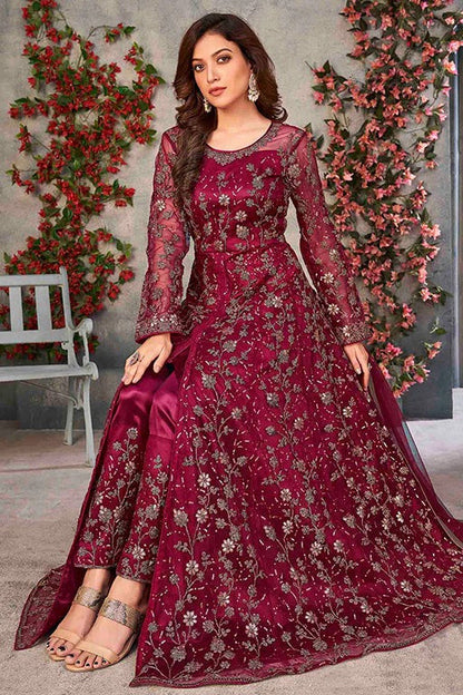 Magenta Colour Net Semi Stitched Pant Style Suit SM1050323 A