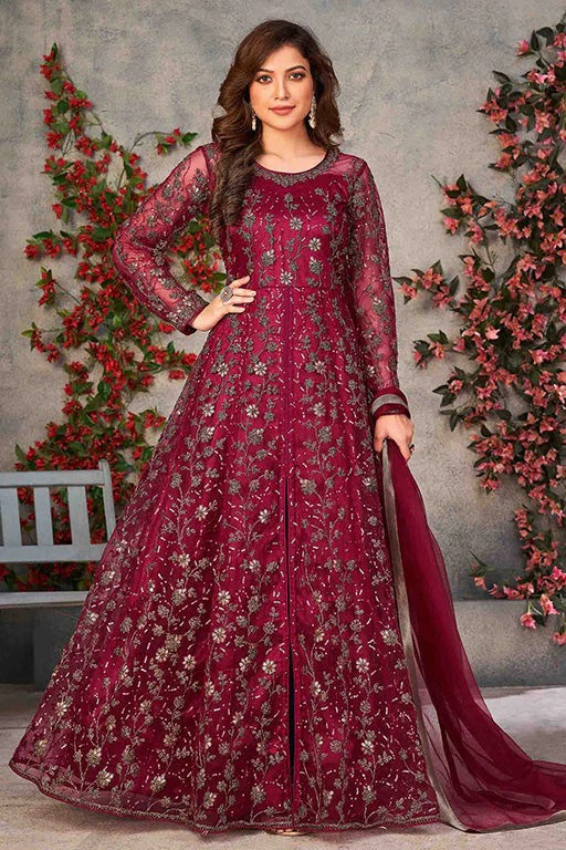 Magenta Colour Net Semi Stitched Pant Style Suit SM1050323