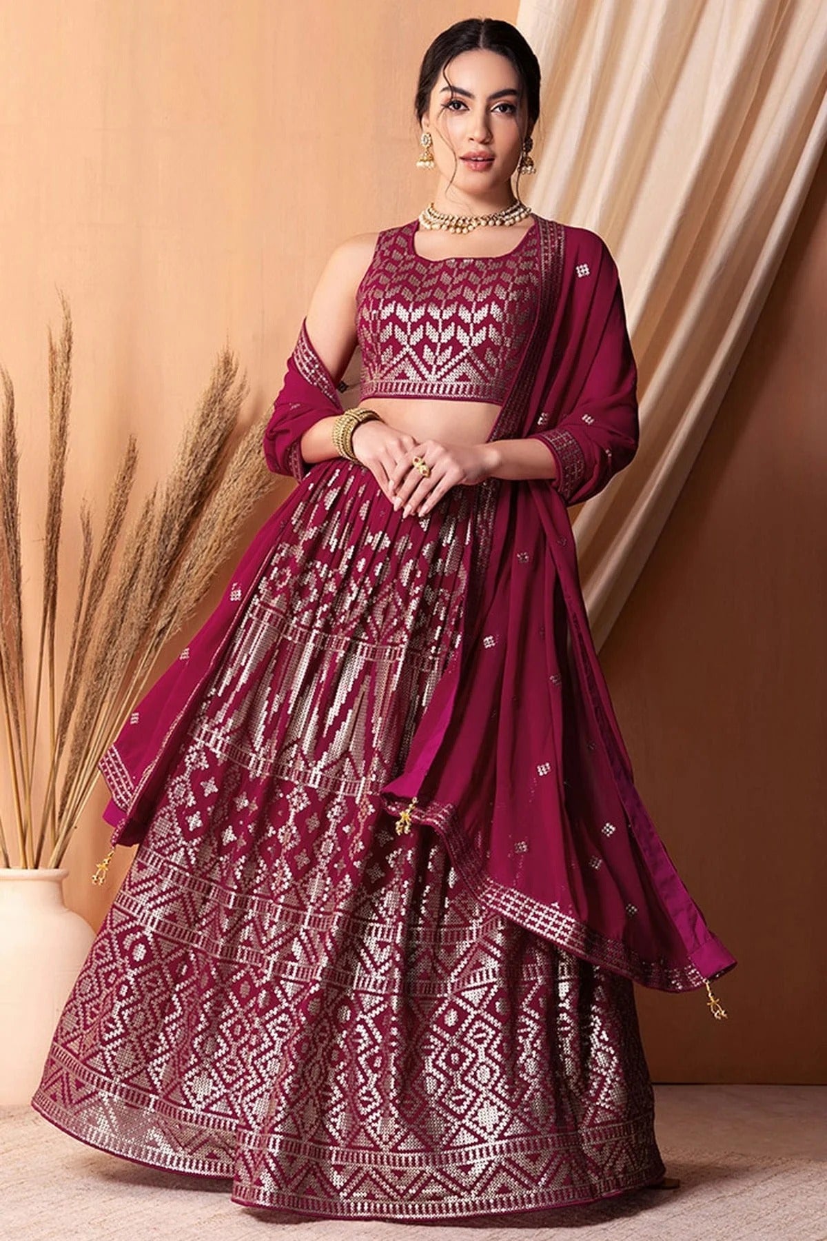 Magenta Colour Semi Stitched Georgette Lehenga Choli LC1010305