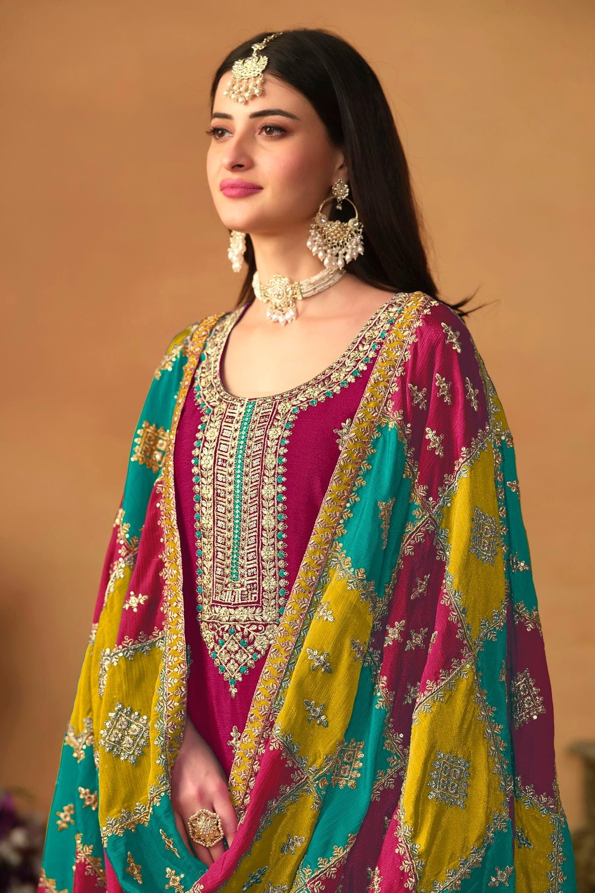 Magenta Colour Straight Suit Chinon Silk Semi Stitched SM1050494 A