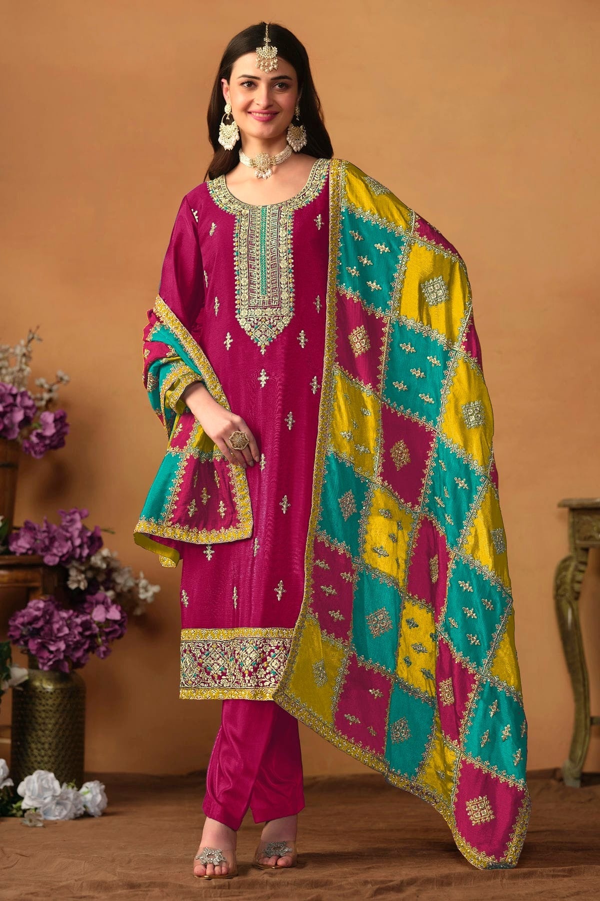 Magenta Colour Straight Suit Chinon Silk Semi Stitched SM1050494