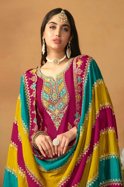 Magenta Colour Straight Suit Chinon Silk Semi Stitched SM1050497 A