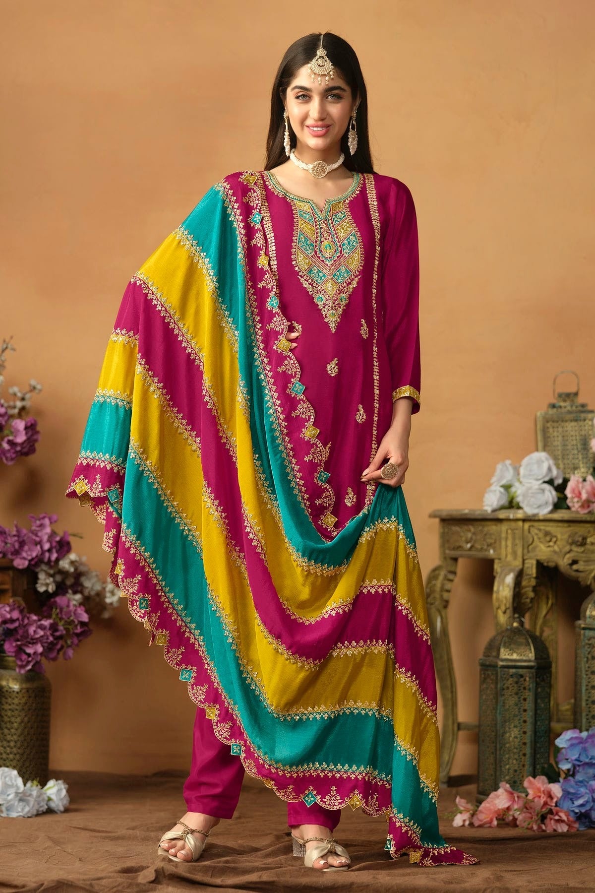 Magenta Colour Straight Suit Chinon Silk Semi Stitched SM1050497