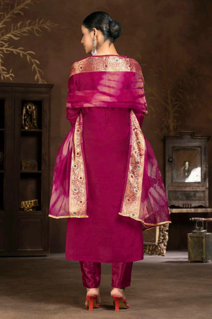 Magenta Colour Unstitched Cotton Jacquard Pant Style Suit US1161317 A
