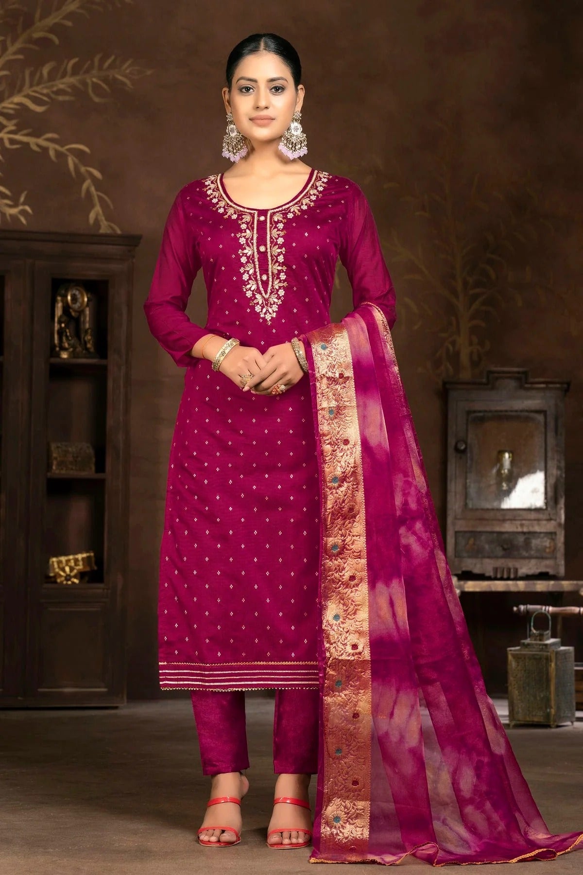 Magenta Colour Unstitched Cotton Jacquard Pant Style Suit US1161317