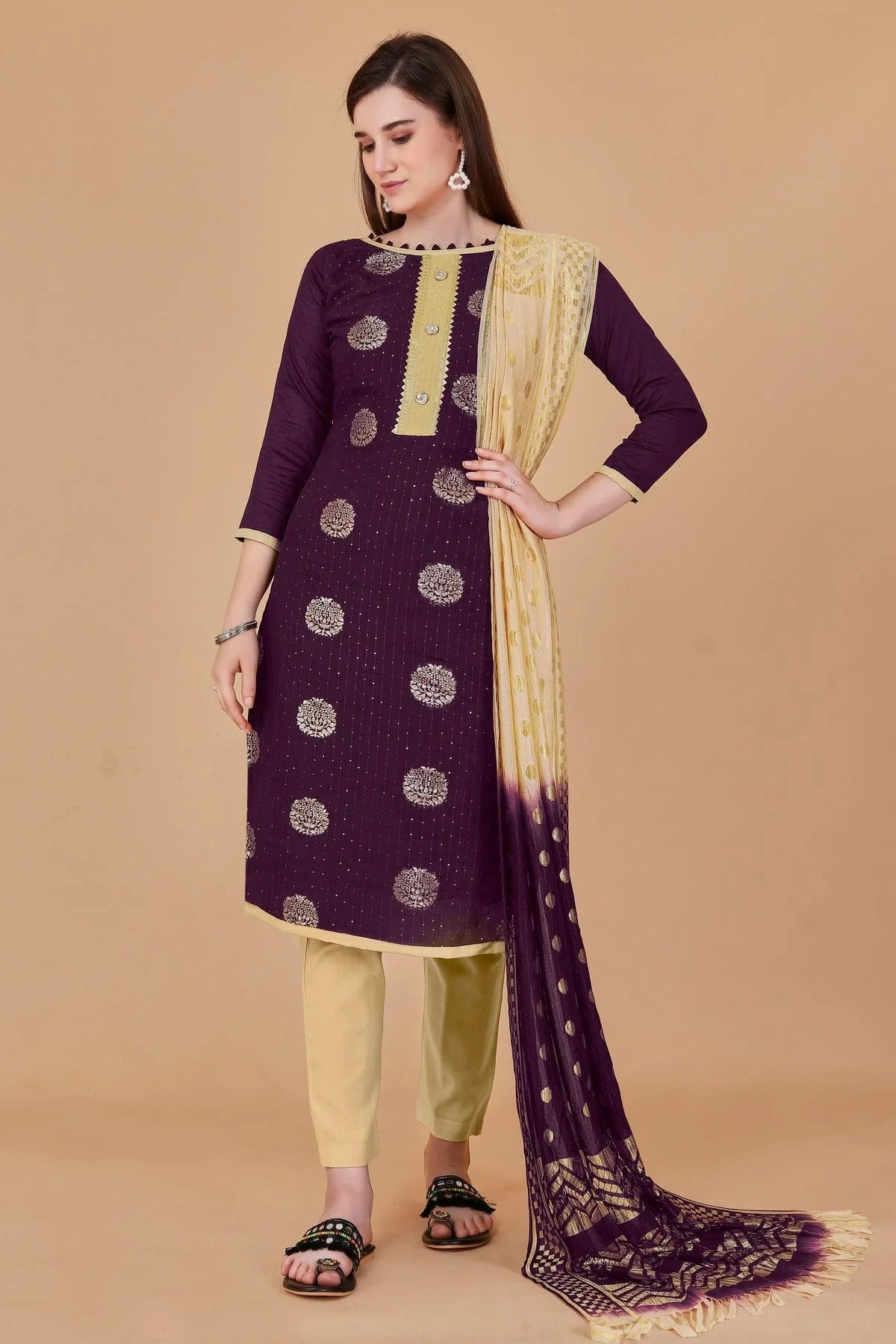 Magenta Colour Unstitched Cotton Jacquard Straight Suit US1160879