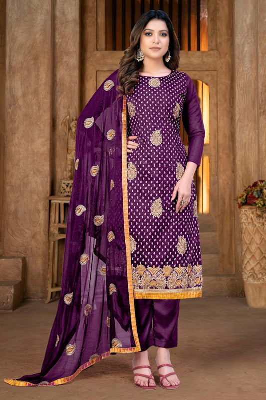 Magenta Colour Unstitched Modal Chanderi Pant Style Suit US1160859