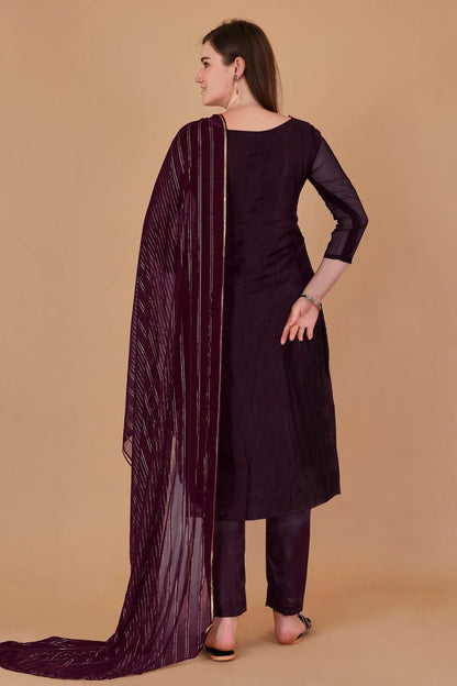 Magenta Colour Unstitched Organza Jacquard Fabric Straight Suit US1161027 A