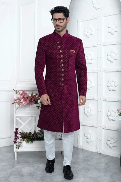 Magenta Colour Velvet Silk Indowestern Sherwani With Aligadhi Pant SH1230026 A