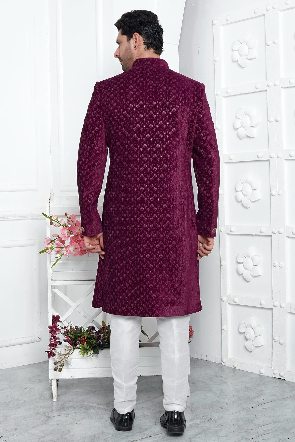Magenta Colour Velvet Silk Indowestern Sherwani With Aligadhi Pant SH1230026 B