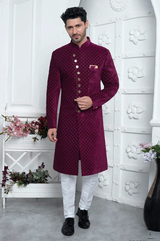 Magenta Colour Velvet Silk Indowestern Sherwani With Aligadhi Pant SH1230026
