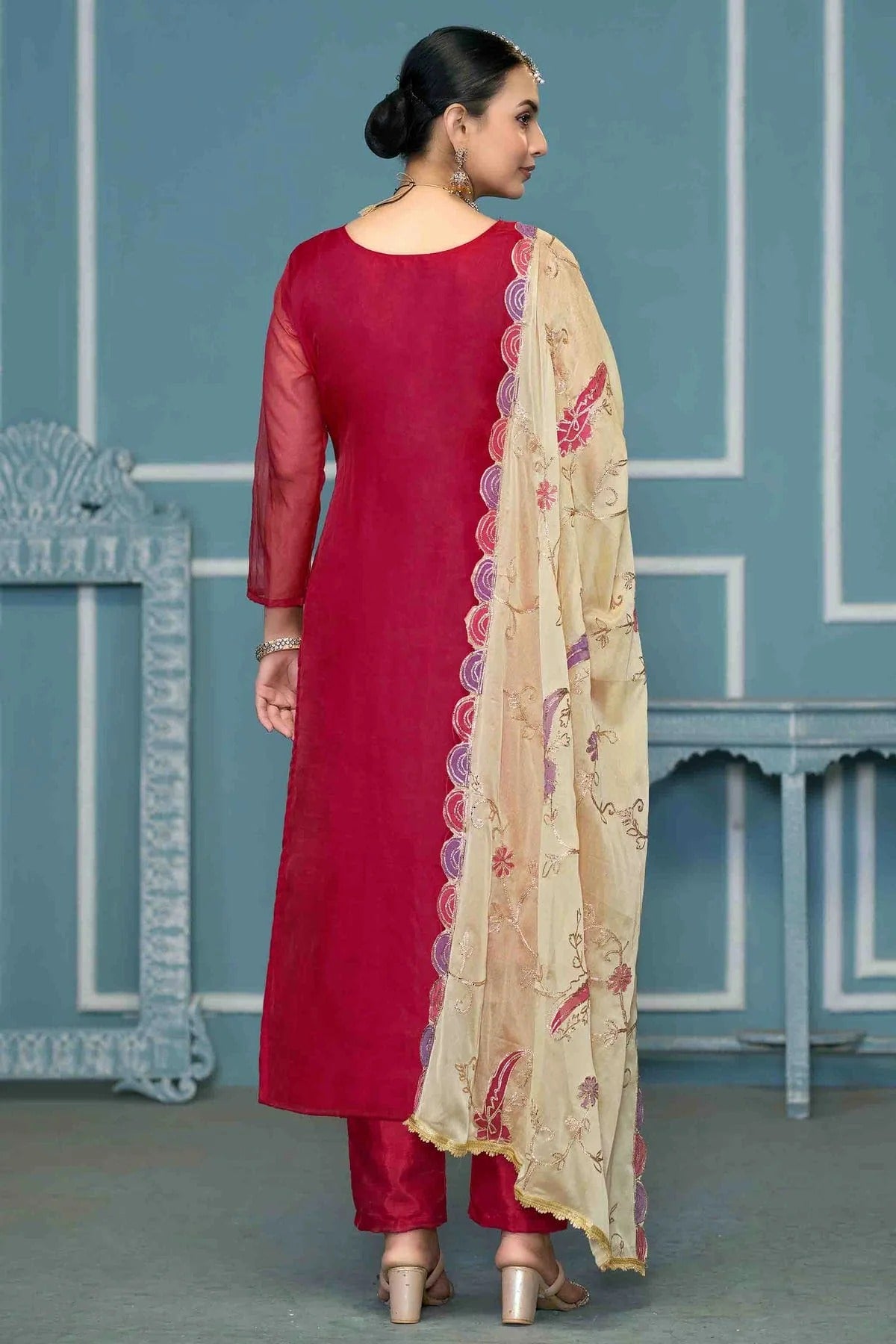 Magenta Colour Viscose Organza Pant Style Suit SM1113263 A