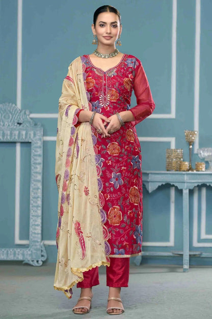 Magenta Colour Viscose Organza Pant Style Suit SM1113263
