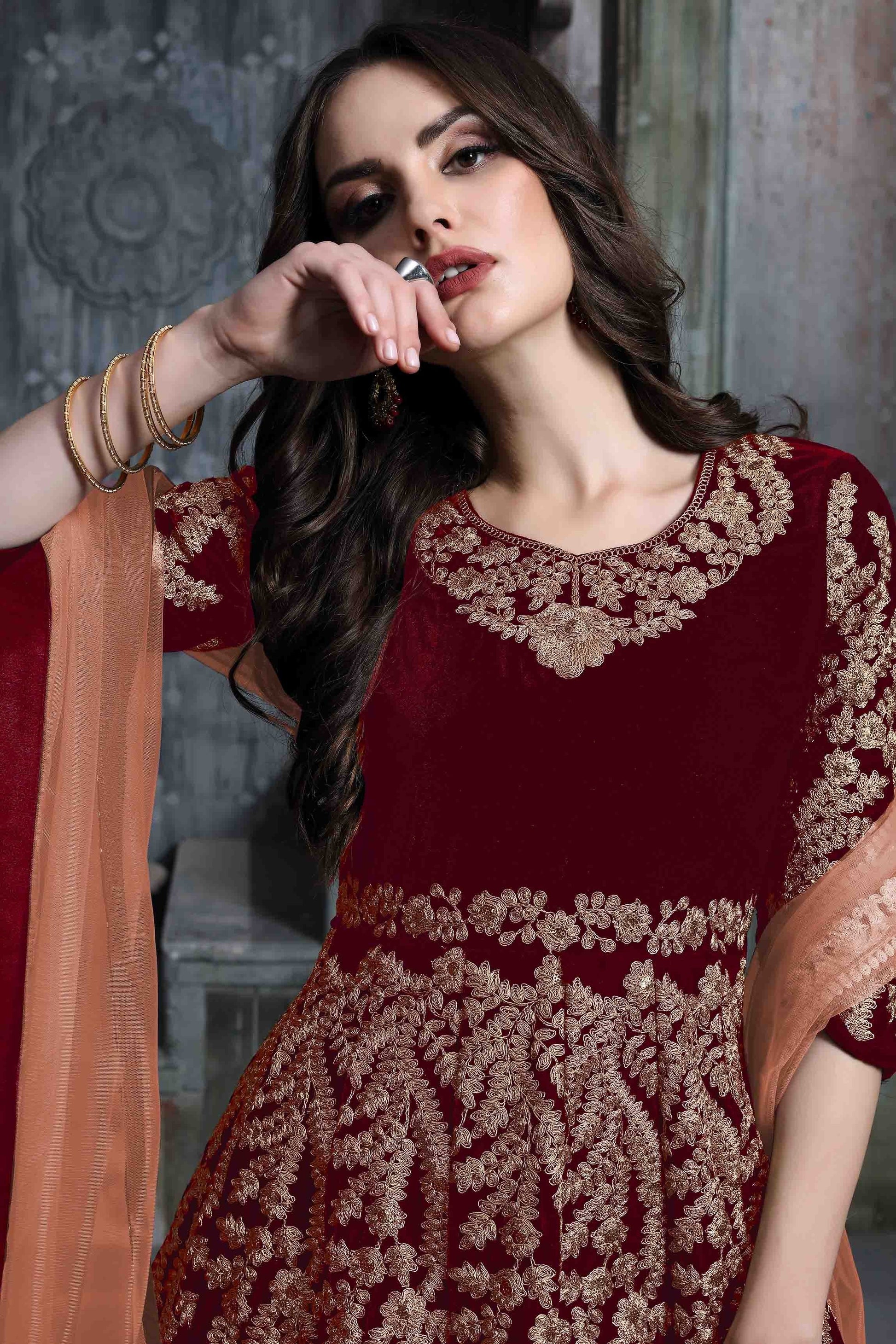Maroon Colour 9000 Velvet Semi Stitched Anarkali Suit SM1050273 A
