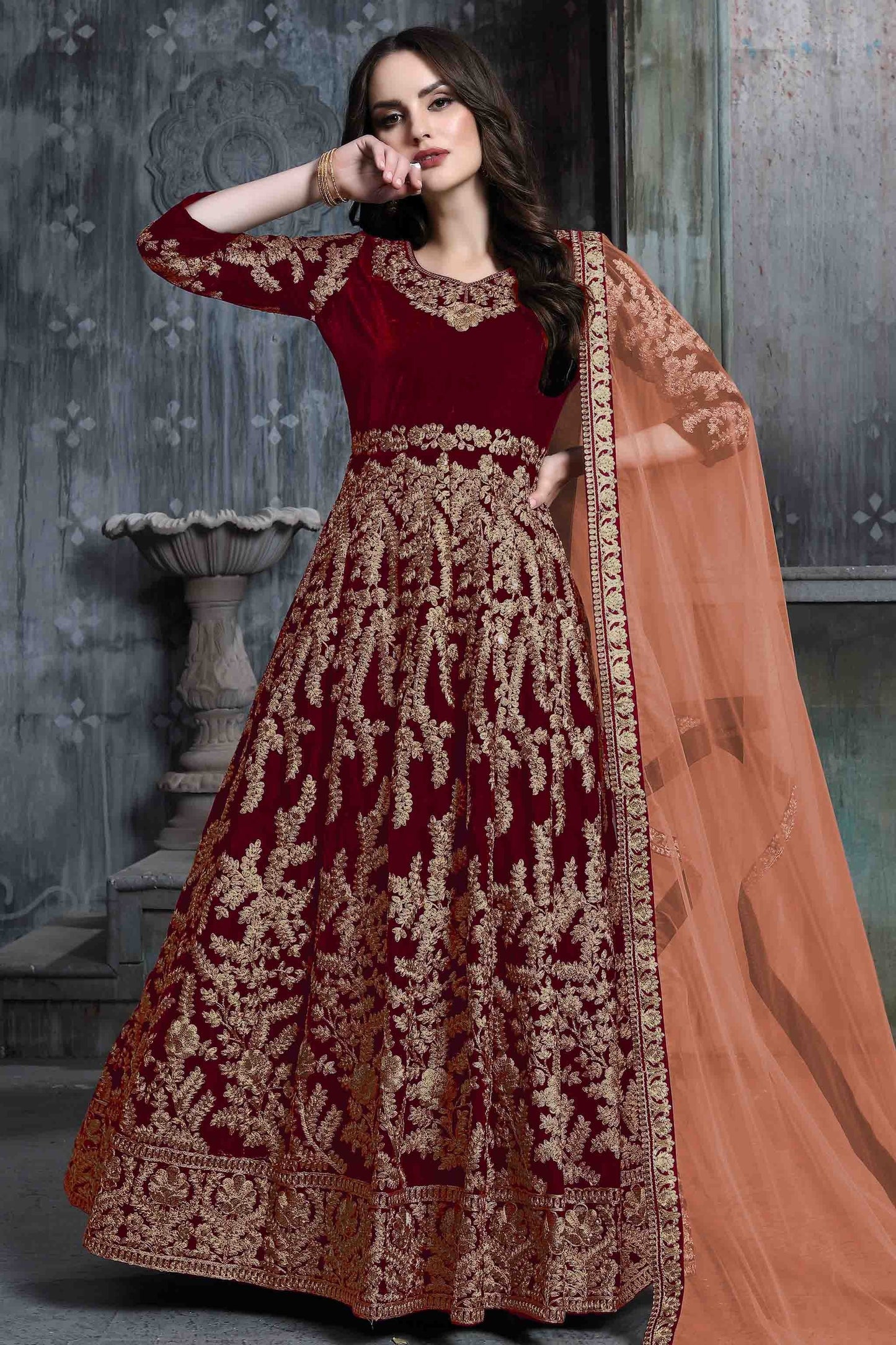 Maroon Colour 9000 Velvet Semi Stitched Anarkali Suit SM1050273