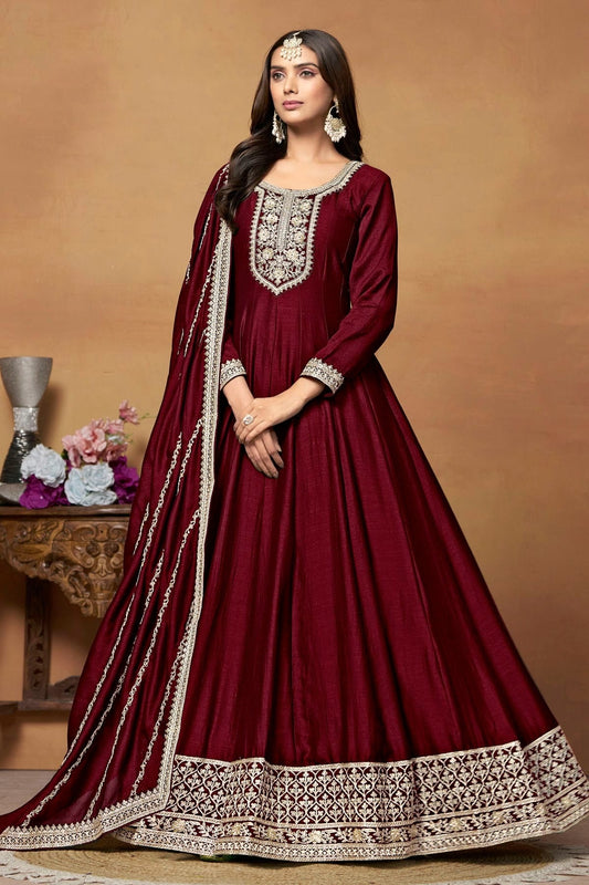 Maroon Colour Anarkali Suit Art Silk Semi Stitched SM1050535