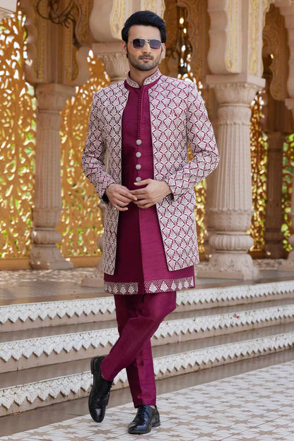 Maroon Colour Art Silk Embroidery Work 3 Pcs Indo Western