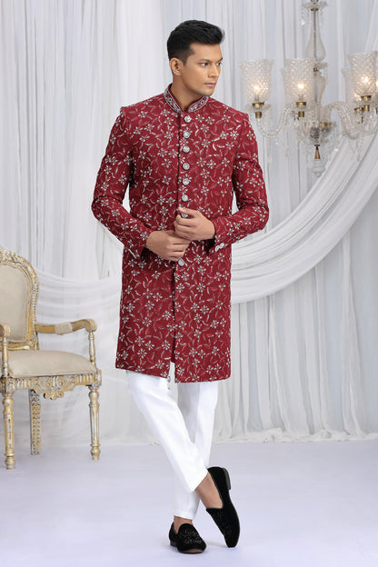 Maroon Colour Art Silk Embroidery Work Sherwani