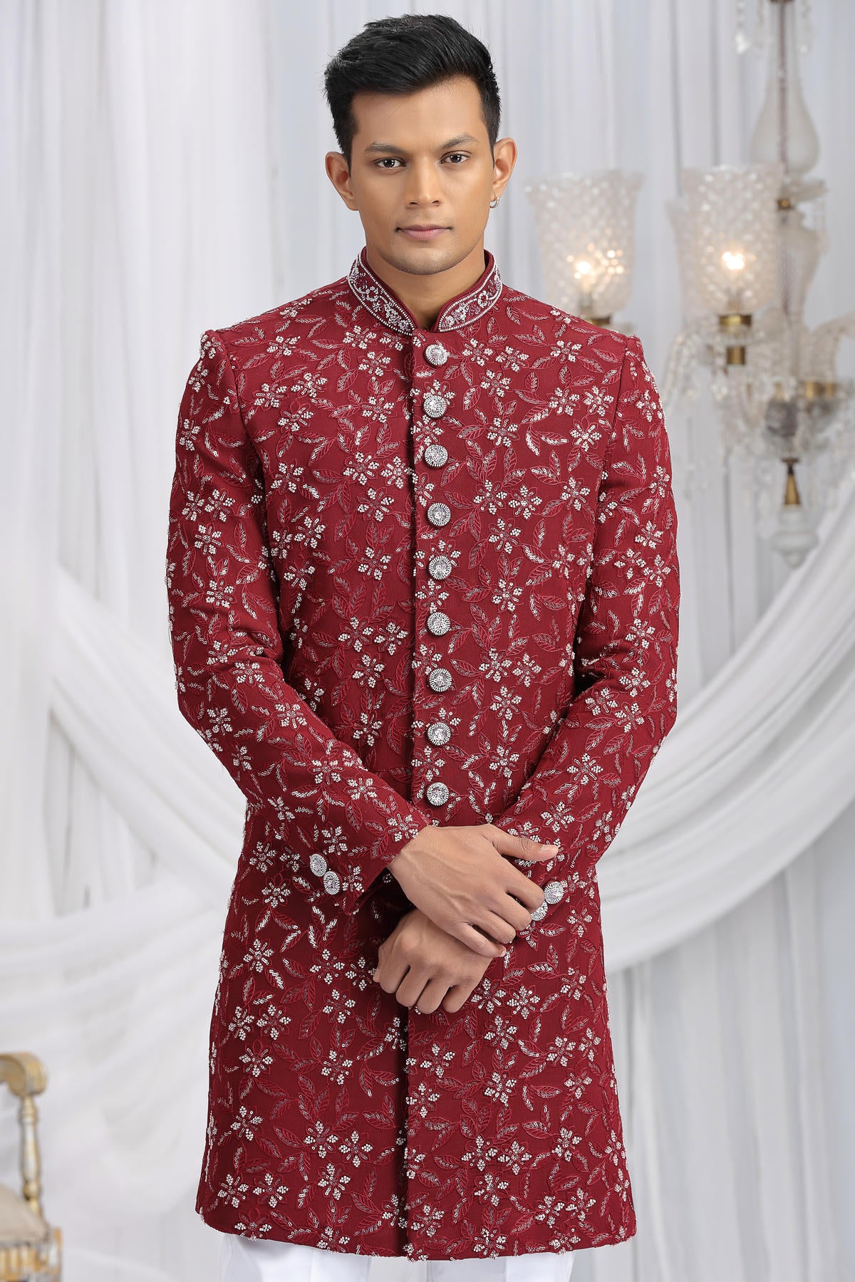 Maroon Colour Art Silk Embroidery Work Sherwani