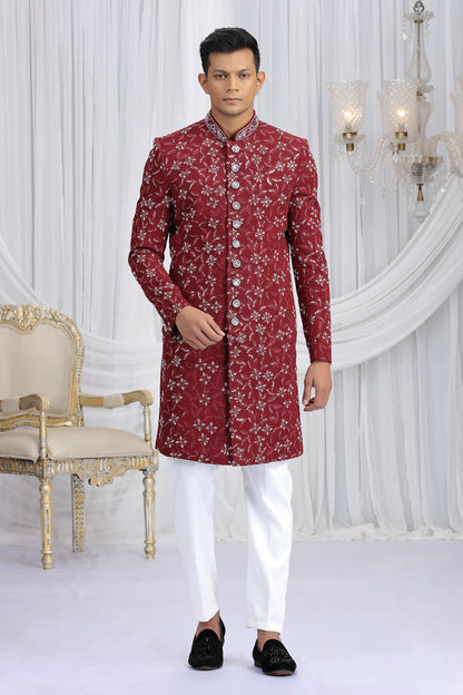 Maroon Colour Art Silk Embroidery Work Sherwani