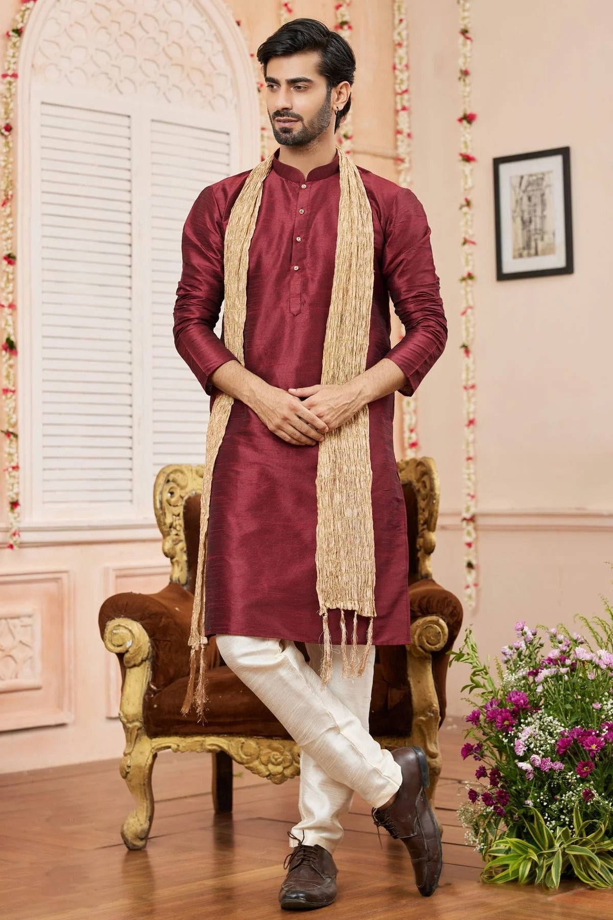 Maroon Colour Art Silk Kurta Pajama With Stole KP1230246