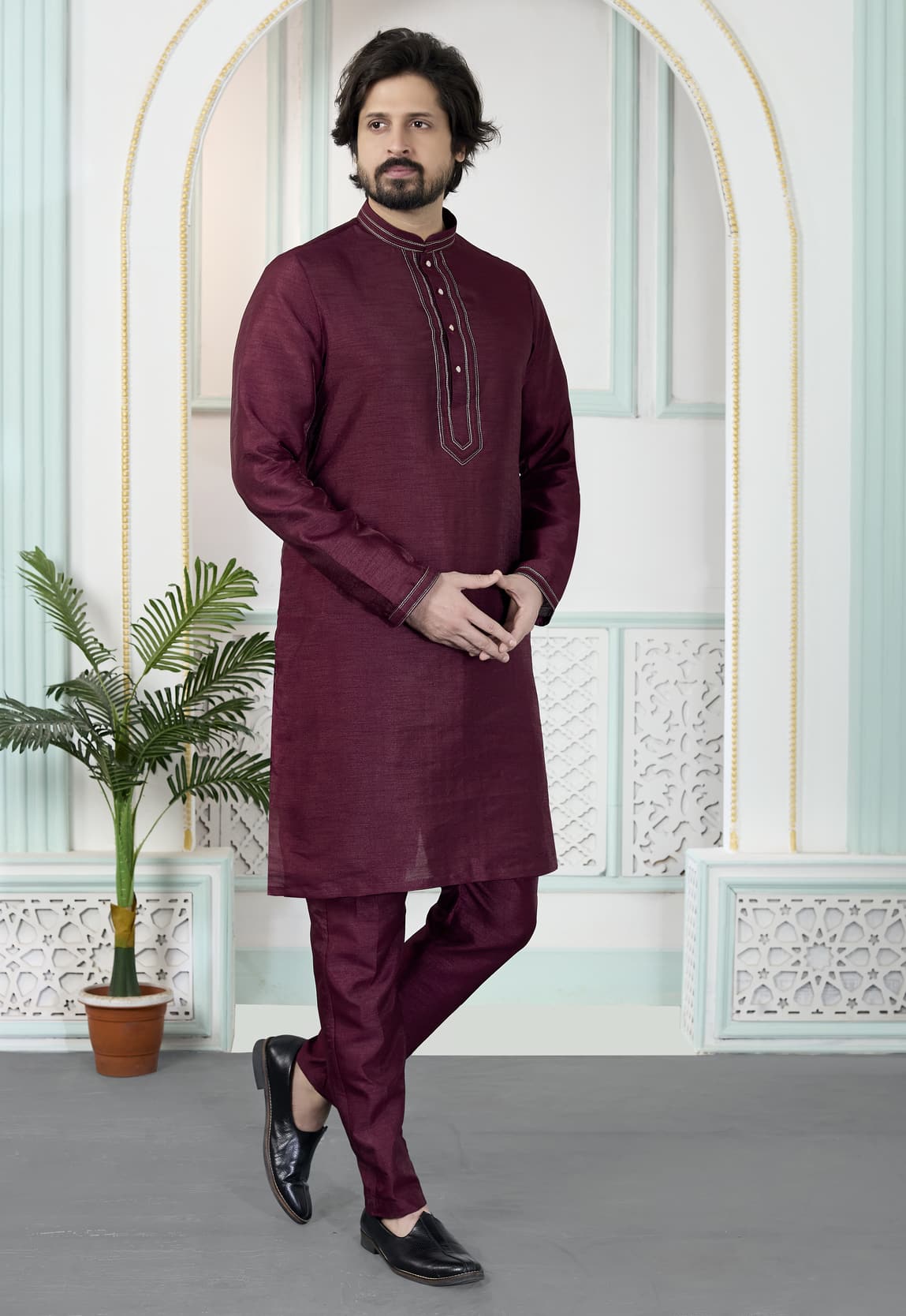 Maroon Colour Art Silk Pintux Work Kurta Pajama